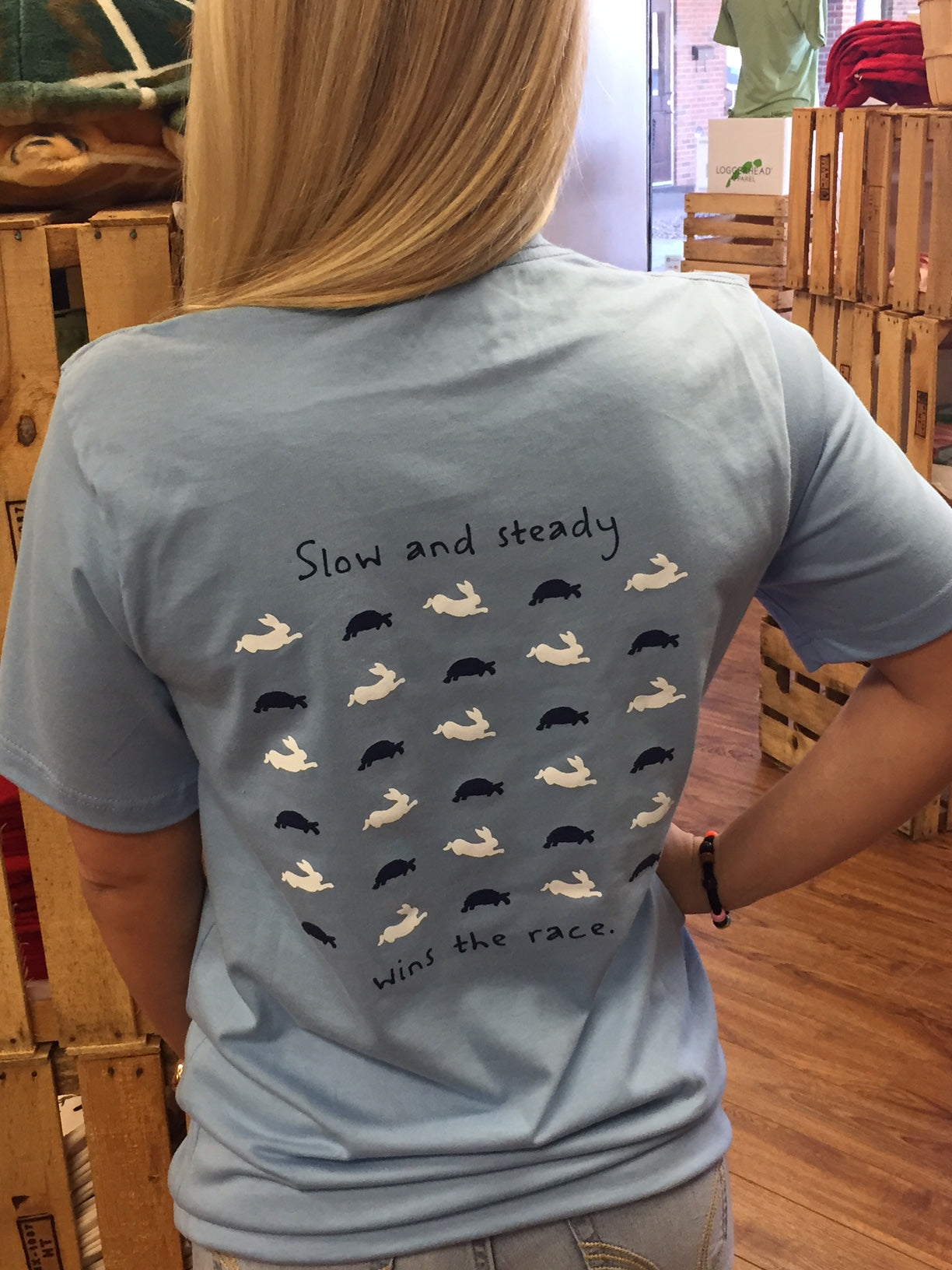 Slow & Steady short-sleeve tee shirt in Battery Blue-graphic on back