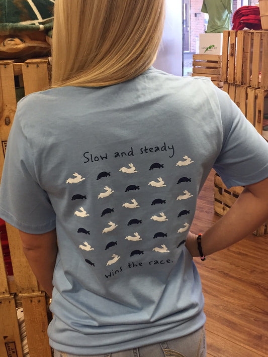 Slow & Steady short-sleeve tee shirt in Battery Blue-graphic on back